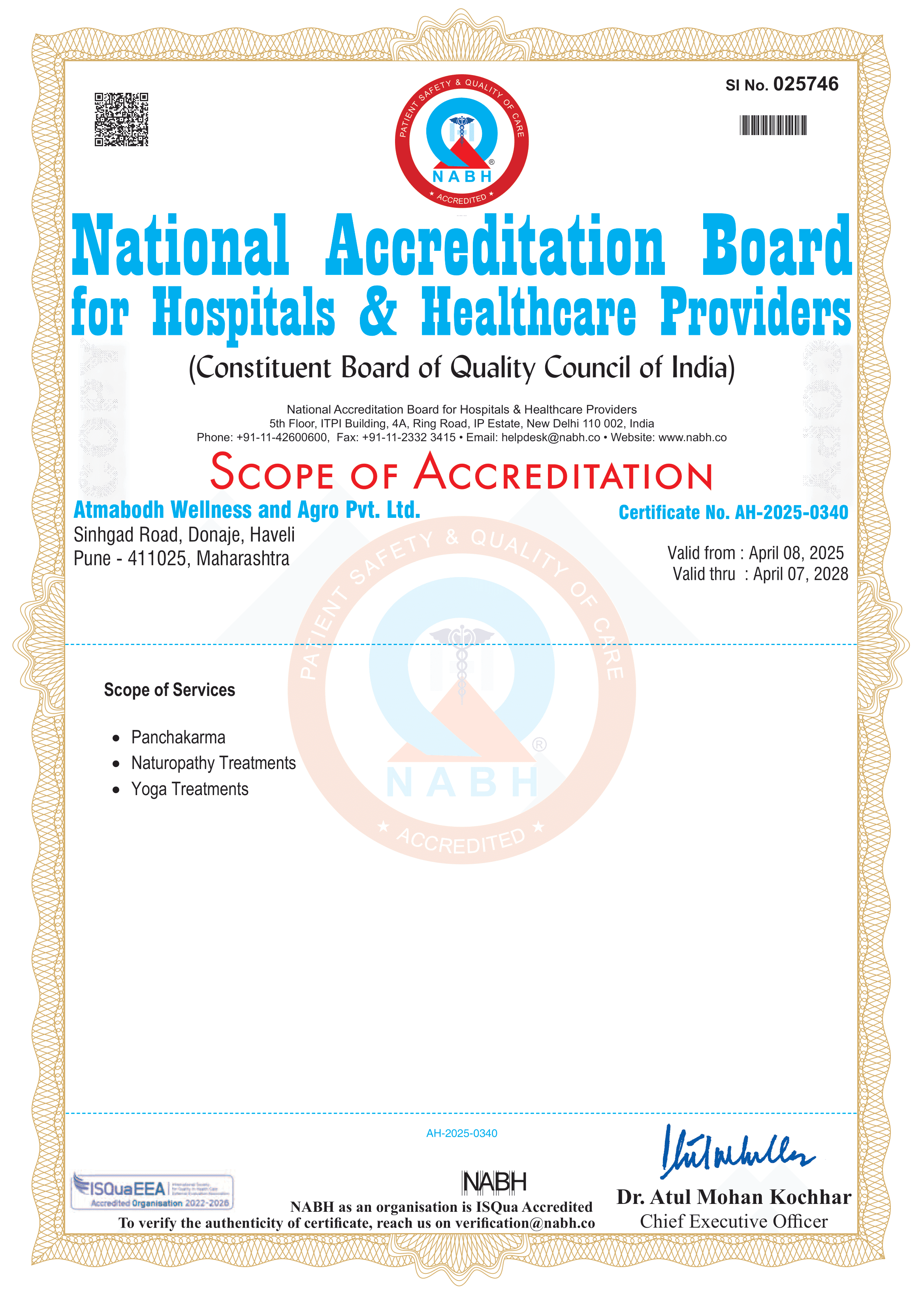 NABH (National Accreditation Board for Hospitals & Healthcare Providers) accreditation certificate for Atmabodh Wellness and Agro Pvt. Ltd.
