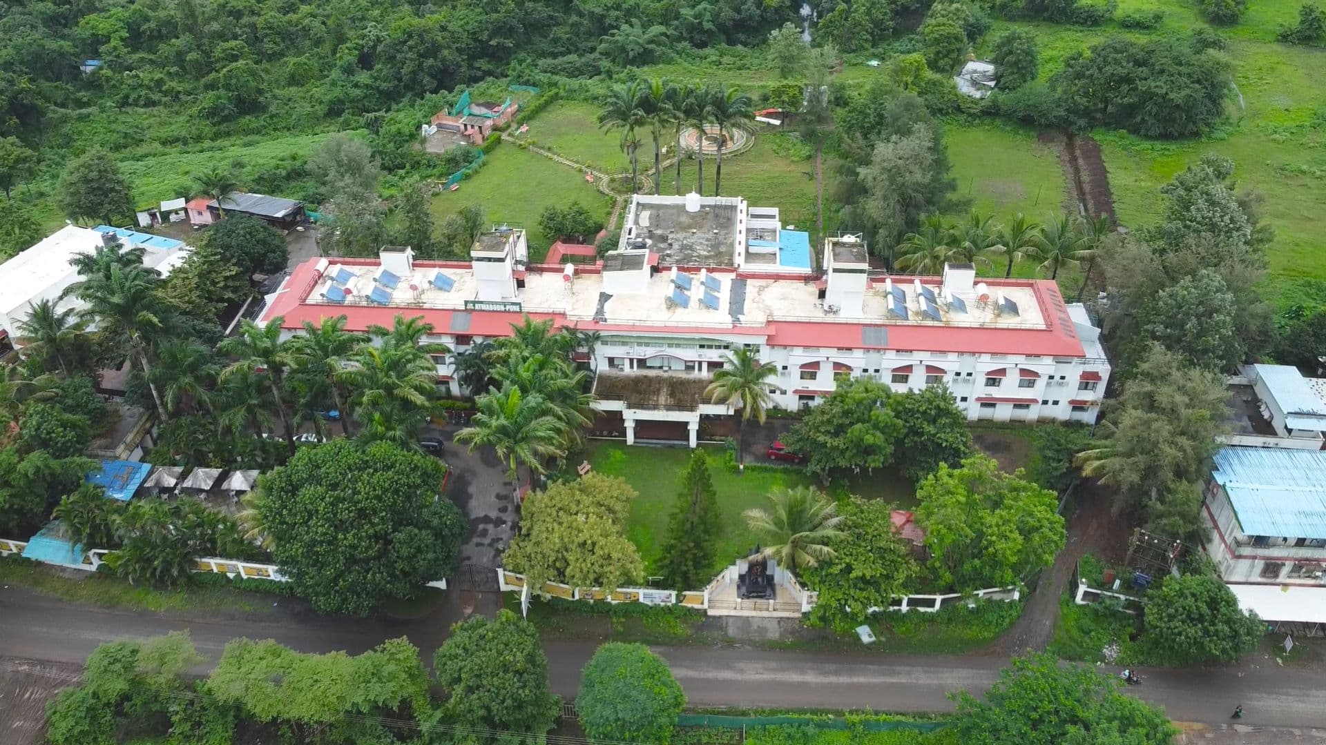 Aerial view of the Atmabodh wellness campus on Sinhagad Road, Pune